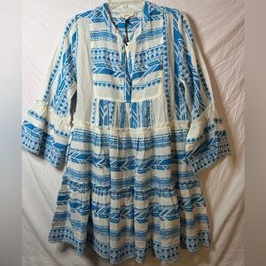 NWT Elan Blue & White Boho Tunic Dress Size Small Embroidered Beachy Resort